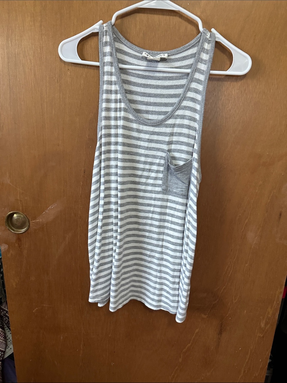 Max Studio Gray & White Striped Scoop Tank with Pocket Detail